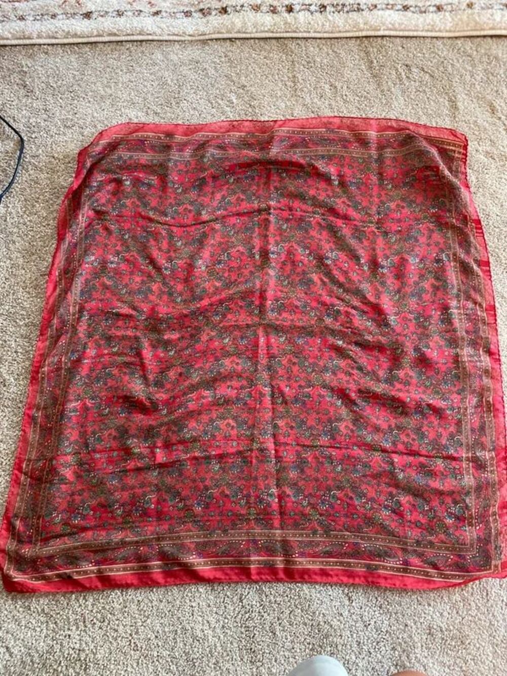 Vintage Red Paisley Sheer Square Head Neck Scarf Lightweight Boho